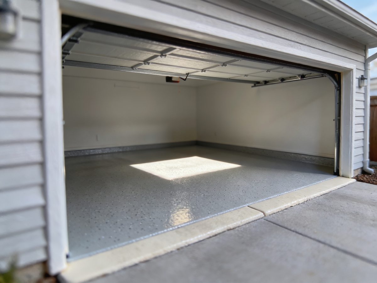 A single-bay attached garage with a pale pewter full-flake floor coating reflecting the open overhead door