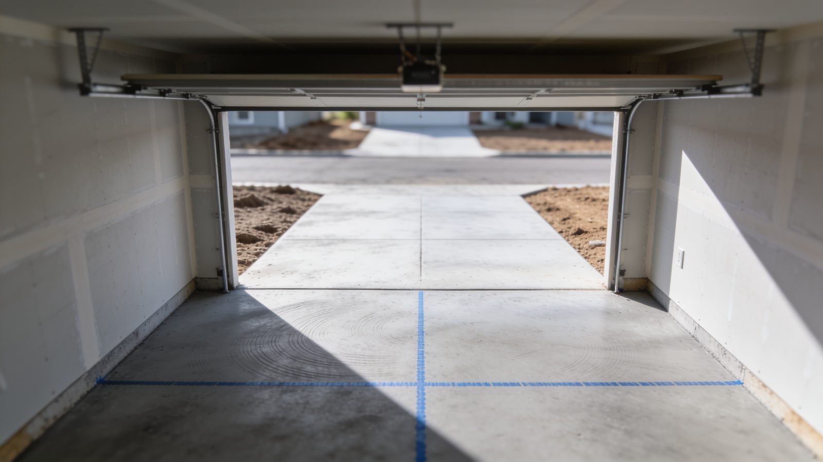 A brand-new bare garage slab in a just-finished house, pale concrete with a faint broom finish and a chalk line still snapped across it, raw graded soil beyond the open door
