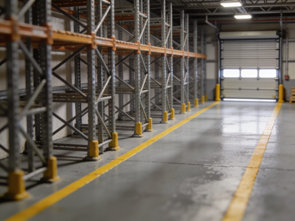A warehouse bay with a high-build epoxy floor, steel racking and yellow safety lane striping