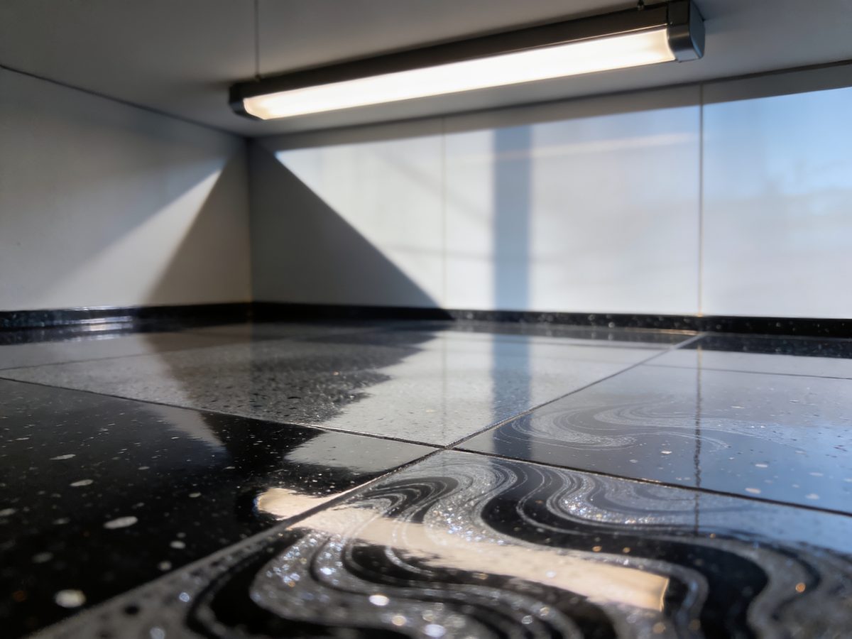 A metallic epoxy floor in black and silver pigments under a high-gloss topcoat