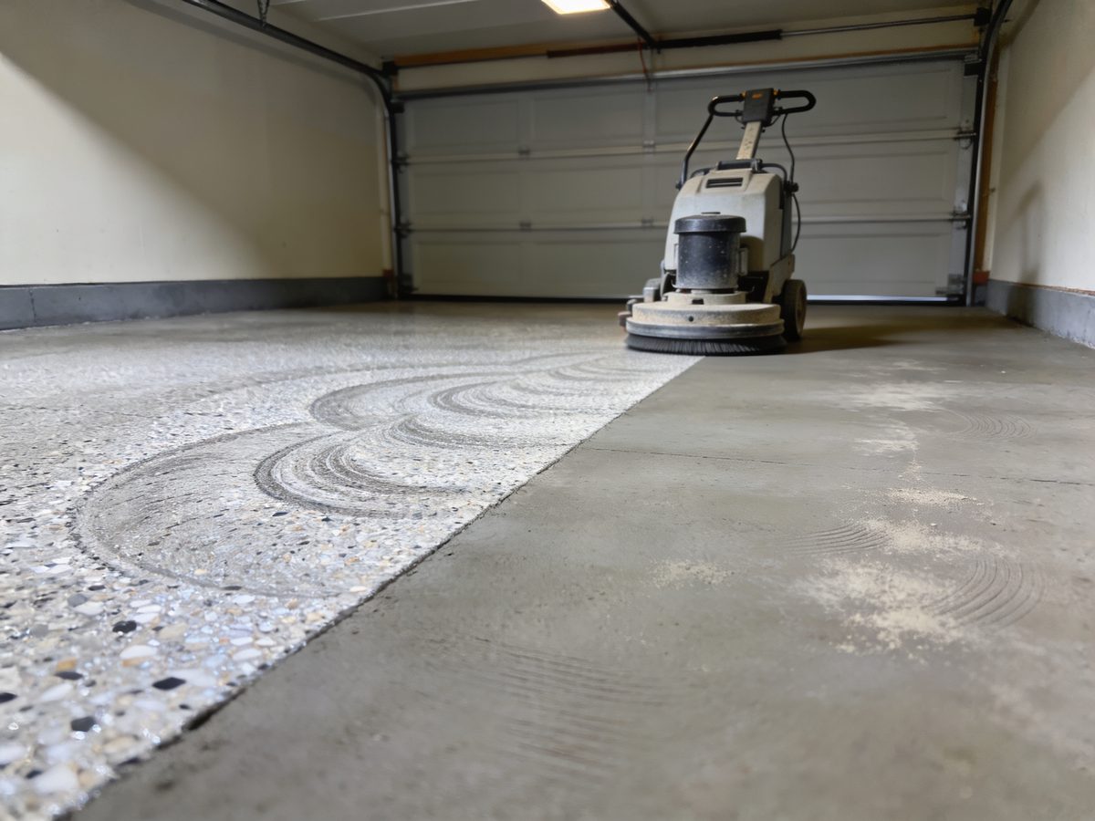 A slab part way through diamond grinding, freshly ground concrete meeting untouched new concrete with a dusty laitance sheen