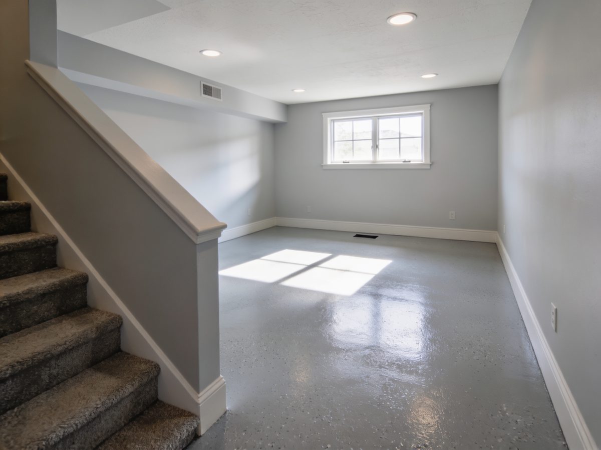 A finished basement in a new colonial with a light grey flake floor coating, a carpeted stair and an egress window throwing daylight across the floor